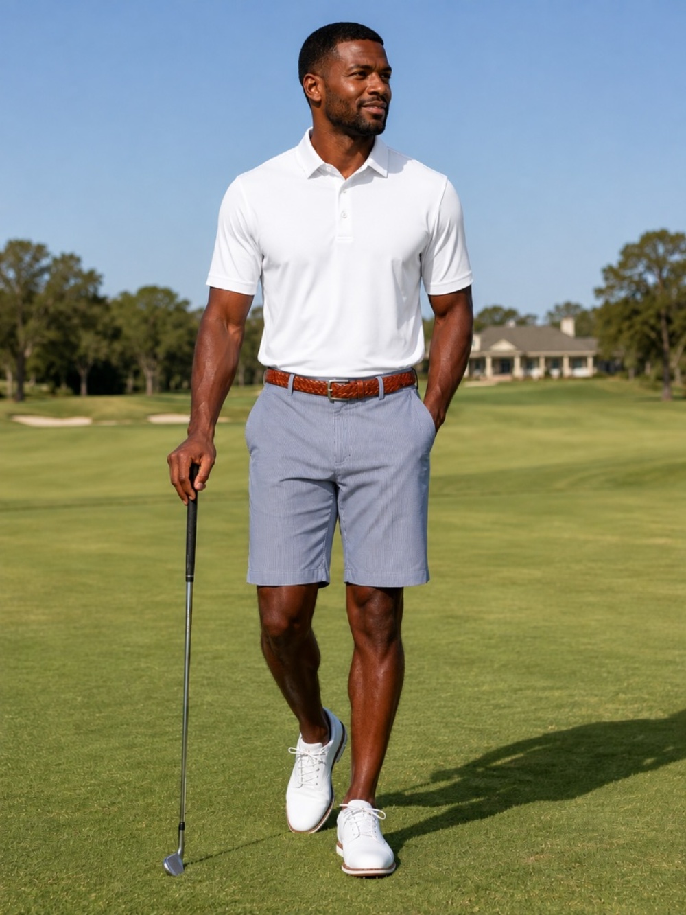 Nike Golf Men's 36 Seersucker Striped Shorts Blue White Flat Front Dri-Fit